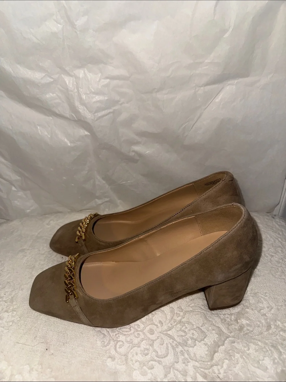 Ann Taylor Taupe Suede Pumps with Gold Chain